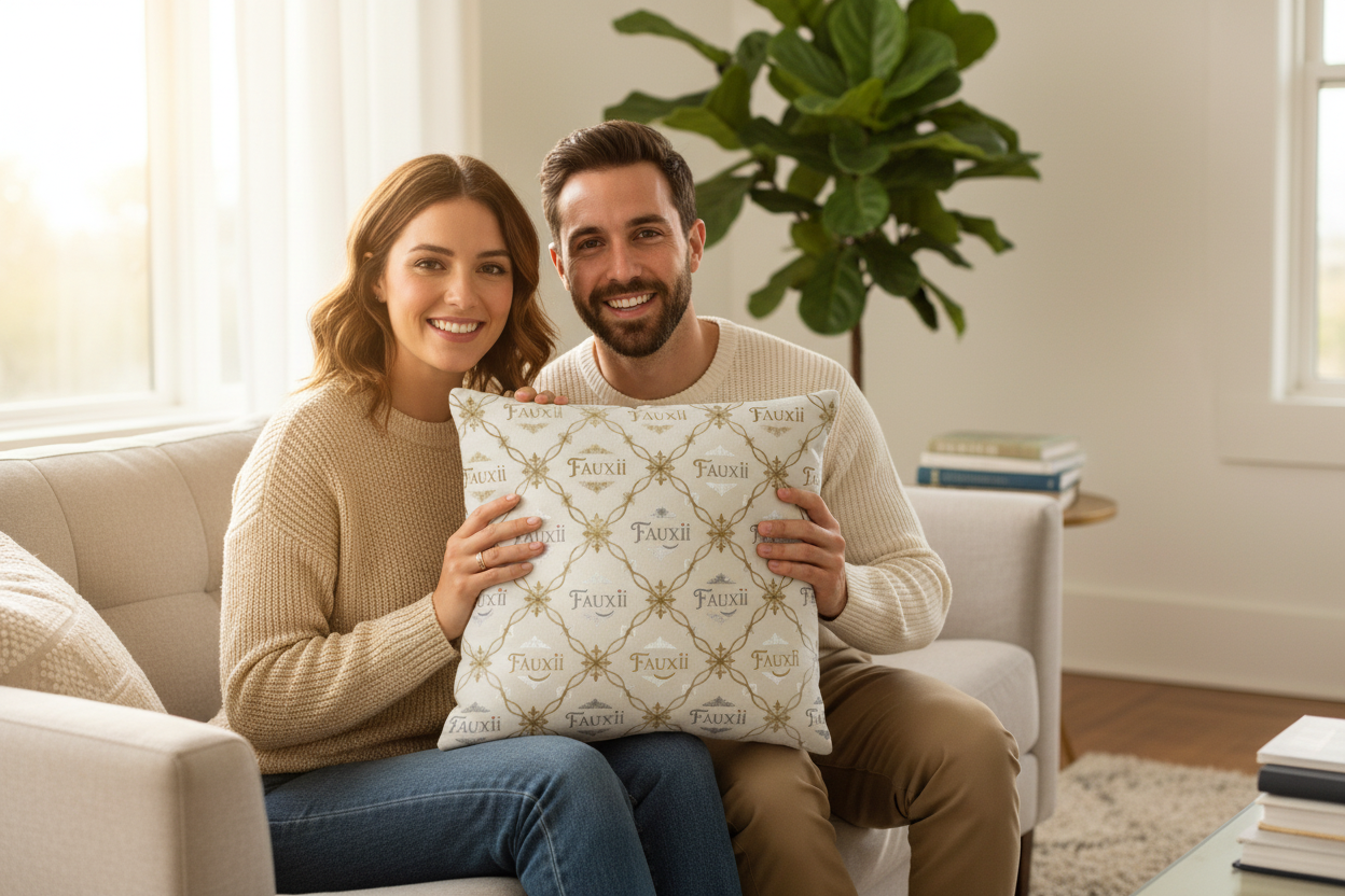 Two people holding a Fauxii pillow